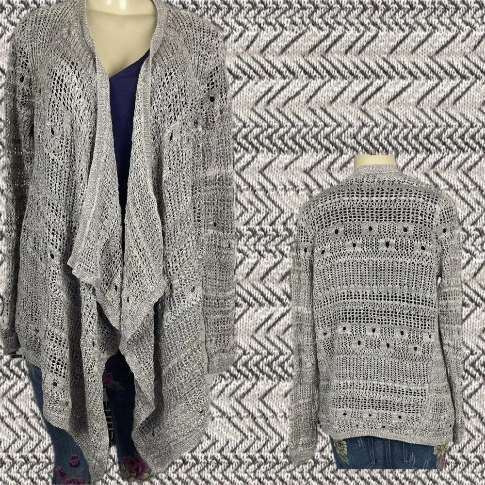 DKNY Jeans M Gray Metallic Gold Open Weave Draped Open Front Long Sleeve Sweater